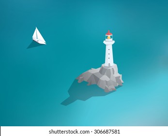 Lighthouse in ocean. Low poly design building. Sea scenery with yacht or sailing boat. Eps10 vector illustration.