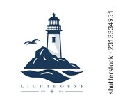 Lighthouse in the ocean on the small rocky island vector logo emblem. Lighthouse tower mascot.