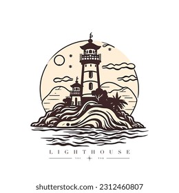 Faro en el océano en el pequeño emblema del logo del vector de la isla rocosa. Mascota de la torre del faro.