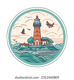 Lighthouse in the ocean on the small rocky island vector logo emblem. Lighthouse tower mascot.
