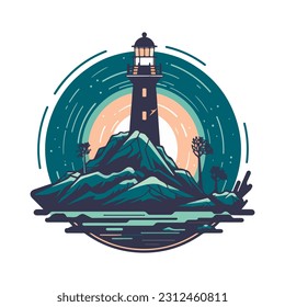 Lighthouse in the ocean on the small rocky island vector logo emblem. Lighthouse tower mascot.