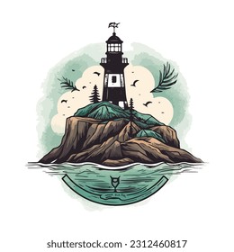 Lighthouse in the ocean on the small rocky island vector logo emblem. Lighthouse tower mascot.