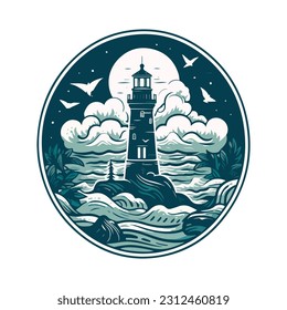 Lighthouse in the ocean on the small rocky island vector logo emblem. Lighthouse tower mascot.