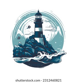 Lighthouse in the ocean on the small rocky island vector logo emblem. Lighthouse tower mascot.