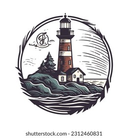 Lighthouse in the ocean on the small rocky island vector logo emblem. Lighthouse tower mascot.