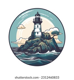Lighthouse in the ocean on the small rocky island vector logo emblem. Lighthouse tower mascot.