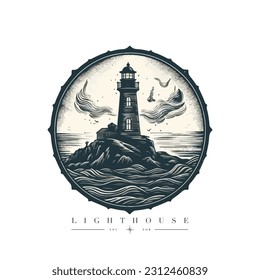 Lighthouse in the ocean on the small rocky island vector logo emblem. Lighthouse tower mascot.