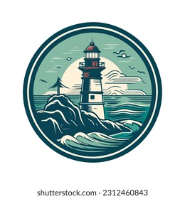 Lighthouse in the ocean on the small rocky island vector logo emblem. Lighthouse tower mascot.