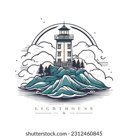 Lighthouse in the ocean on the small rocky island vector logo emblem. Lighthouse tower mascot.