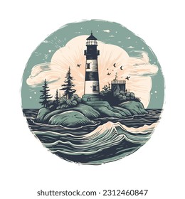 Lighthouse in the ocean on the small rocky island vector logo emblem. Lighthouse tower mascot.