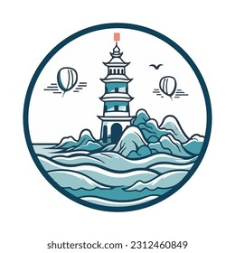 Lighthouse in the ocean on the small rocky island vector logo emblem. Lighthouse tower mascot.