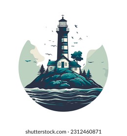 Faro en el océano en el pequeño emblema del logo del vector de la isla rocosa. Mascota de la torre del faro.