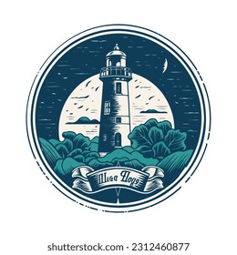 Lighthouse in the ocean on the small rocky island vector logo emblem. Lighthouse tower mascot.