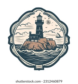 Lighthouse in the ocean on the small rocky island vector logo emblem. Lighthouse tower mascot.