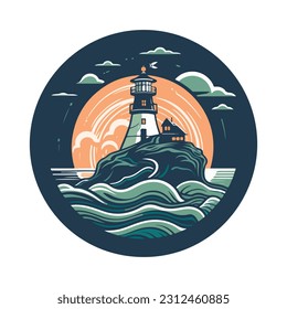 Lighthouse in the ocean on the small rocky island vector logo emblem. Lighthouse tower mascot.