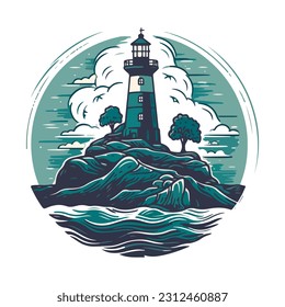 Lighthouse in the ocean on the small rocky island vector logo emblem. Lighthouse tower mascot.
