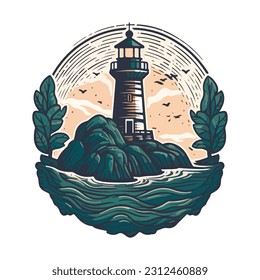 Lighthouse in the ocean on the small rocky island vector logo emblem. Lighthouse tower mascot.