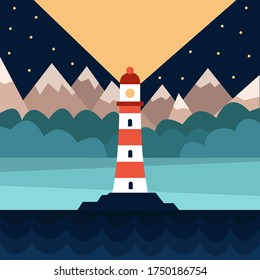 Lighthouse in an ocean on a sunny day with clouds. Lighthouses at night, blue seascape horizon in night time.Search towers with a searchlight beam for marine navigation of ships.Vector illustation 