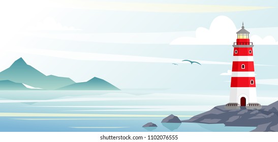 Lighthouse with ocean or sea beach view on background in flat style.