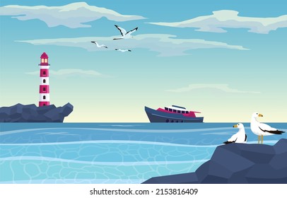 Lighthouse with ocean or sea beach view on background in flat style.