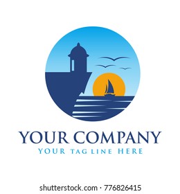 lighthouse with ocean, summer logo design