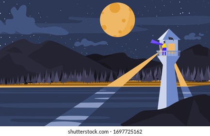 Lighthouse in the ocean with super full moon over night sky by the beach background.