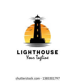 Lighthouse with ocean vector logo design