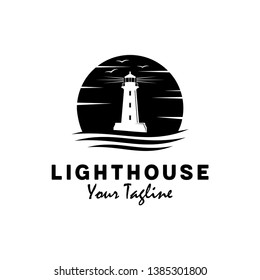 Lighthouse with ocean vector logo design