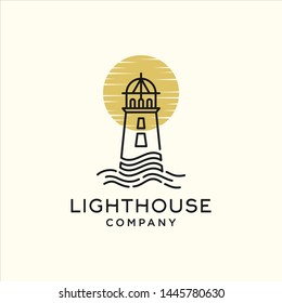 lighthouse ocean wave logo outline illustration vector icon