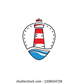 lighthouse with ocean waves design for logo, icon, or label. Vector illustration