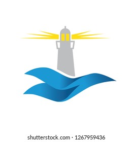 lighthouse and ocean waves, logo icon