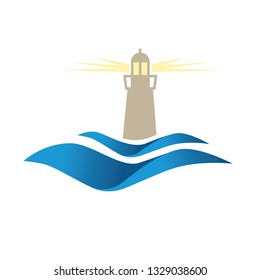 lighthouse and ocean waves, logo icon