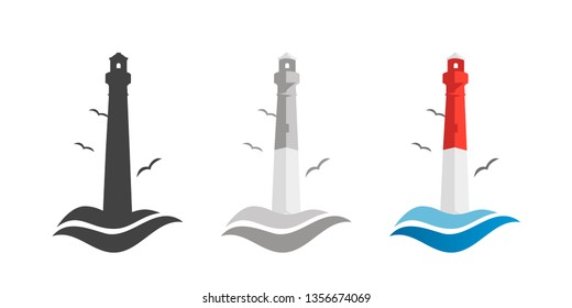 lighthouse and ocean waves. logo icon. Set in flat style. Lighthouse stylish design. Vector