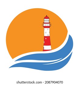 lighthouse and ocean waves, logo icon