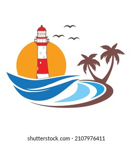 lighthouse and ocean waves, logo icon