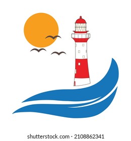 lighthouse and ocean waves, logo icon