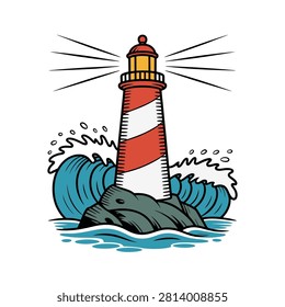 Lighthouse with Ocean Waves and Rocky Shore Illustration