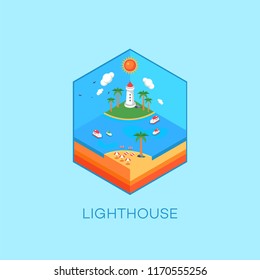 Lighthouse and Oceane Isometric View Beautiful Nature Landscape Vector Illustration