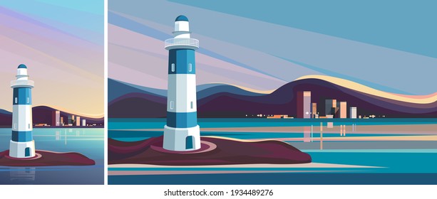 Lighthouse on background of city. Urban scenery in vertical and horizontal orientation.