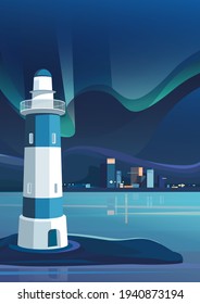 Lighthouse on background of night city. Cityscape with aurora borealis in vertical orientation.