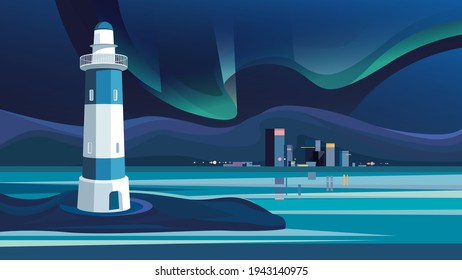 Lighthouse on background of night city. Cityscape with northern lights.