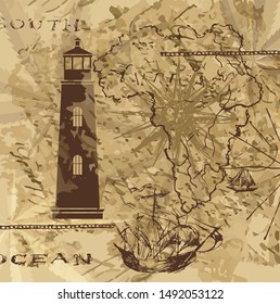 Lighthouse on the background of an old-time sea map with ships. Grunge texture. Hand drawing.