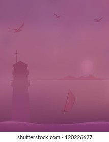 Lighthouse on the background of the sea bay