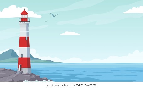 Lighthouse on the background of the sea. Buildings on the seashore to light a safe way for ships. Vector illustration