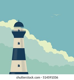 Lighthouse on background of sea sky and clouds. Retro poster vector illustration.