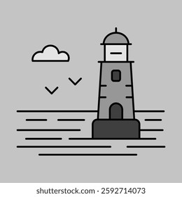 Lighthouse on the background of the sea vector grayscale icon. Nature sign. Graph symbol for travel and tourism web site and apps design, logo, app, UI