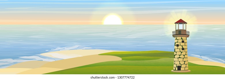 Lighthouse on the bay. Realistic vector landscape