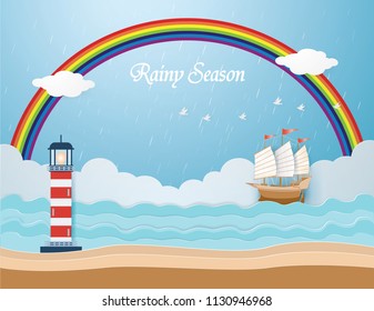 Lighthouse on the beach and Barque in the blue sea and Rainbow in the rainy season,background,vector and illustration.