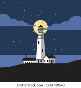 A Lighthouse on the beach at night.