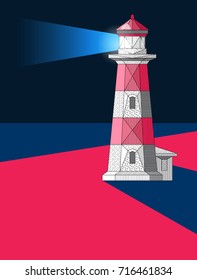 Lighthouse on the beach at night. Vector lighthouse. Light at the night. Poster with lighthouse